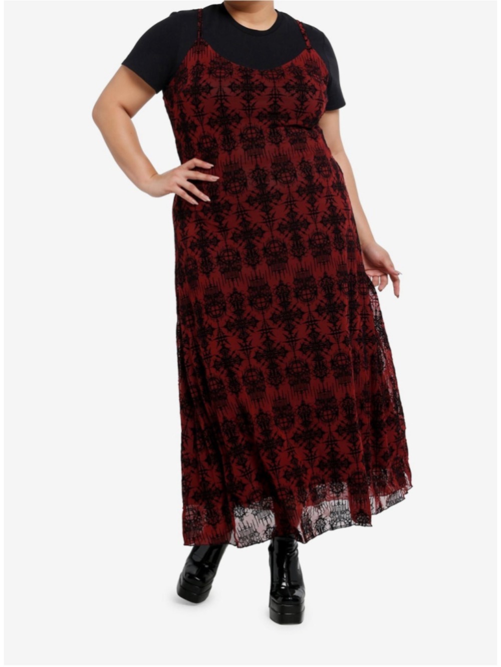 NWOT Cosmic Aura Burgundy & Black Gothic Mesh Slip Maxi Dress Plus Size 2